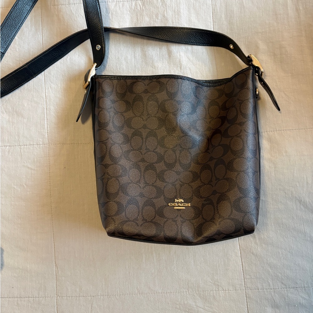 COACH Black and Brown Signature Print Val Crossbody Bag